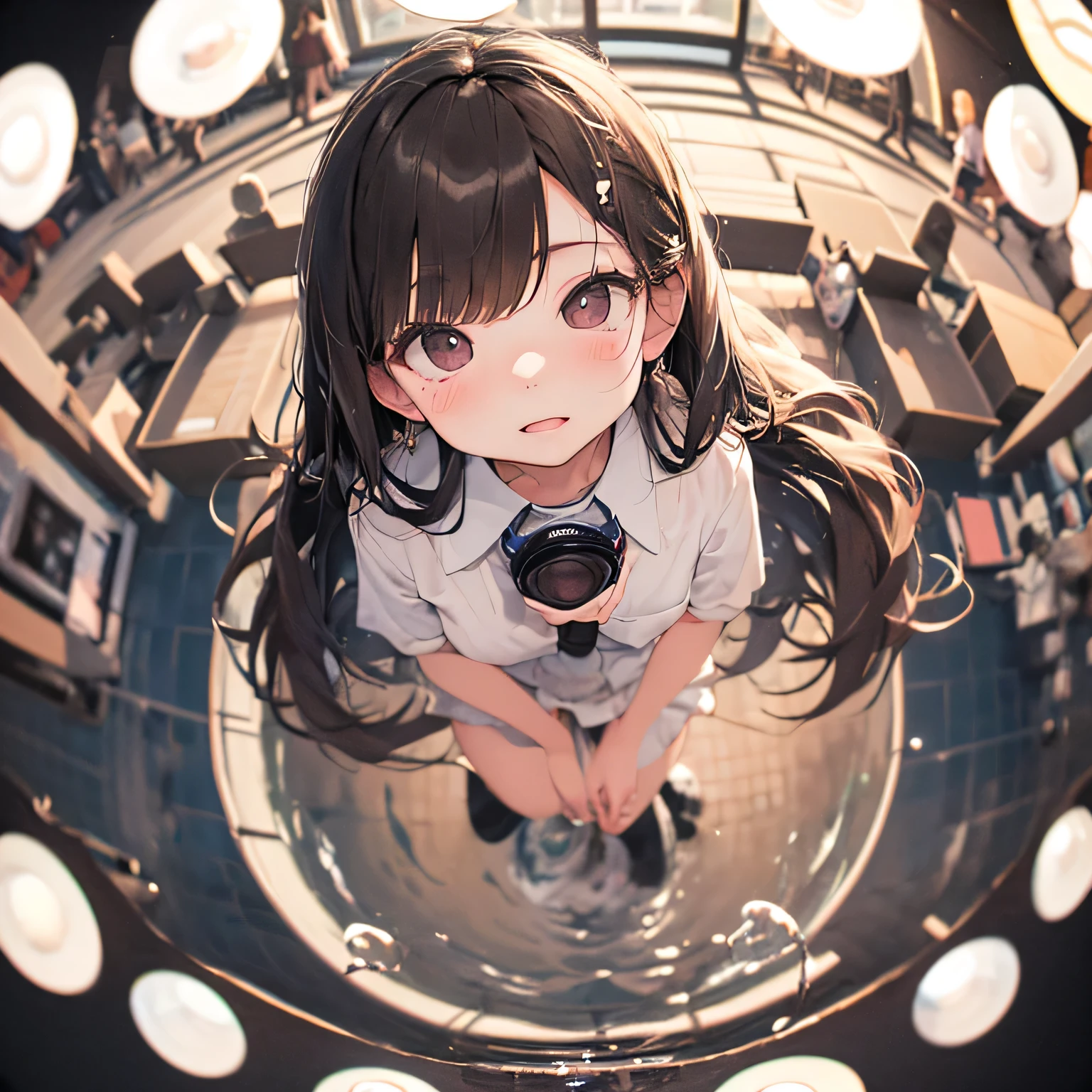 nsfw、16k、Cute junior high school student showing off her white panties、(Squat:1.3)、(Transparent white school uniform、mini skirt)、Water flowing from the crotch、,((Looking up at the audience)),Face Focus:1.4、((Photographed from above with a fisheye lens:1.4))、((Close-up))