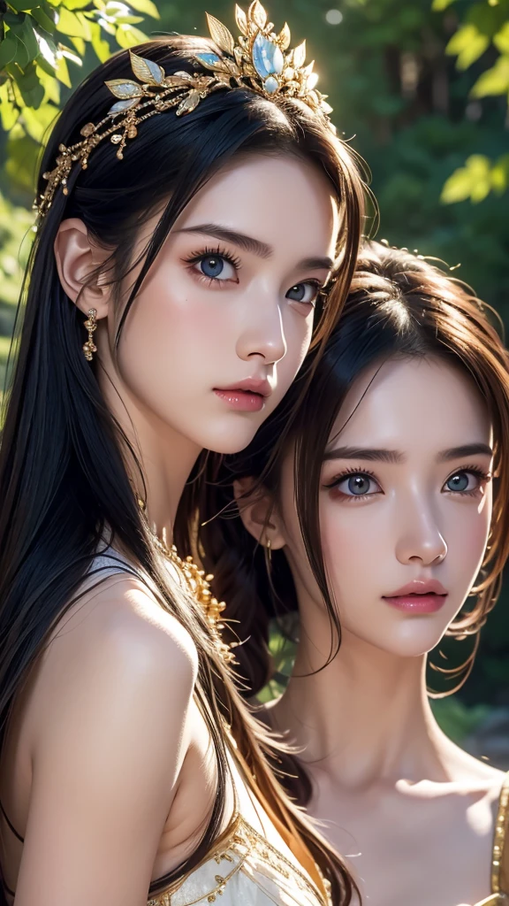 ((2girls)), looking at the camera, masterpiece, Best Quality, Illustration, Ultra-detailed, finely detail, hight resolution, 8K Wallpaper, Perfect dynamic composition, Beautiful detailed eyes , Sexy face, Face feeling ecstasy, Face at the peak of sexual arousal, standing side by side, ((outdoor background)), transparent loose gown, black hair, perfect slim body, hair ornament, same tall,