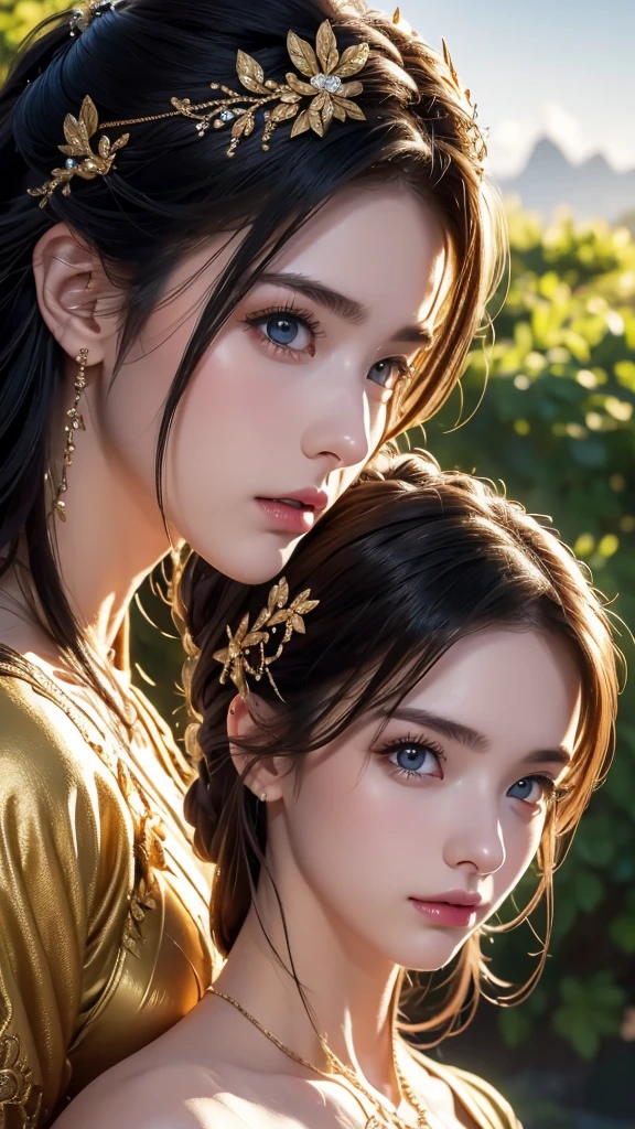 ((2girls)), looking at the camera, masterpiece, Best Quality, Illustration, Ultra-detailed, finely detail, hight resolution, 8K Wallpaper, Perfect dynamic composition, Beautiful detailed eyes , Sexy face, Face feeling ecstasy, Face at the peak of sexual arousal, standing side by side, ((outdoor background)), transparent loose gown, black hair, perfect slim body, hair ornament, same tall,