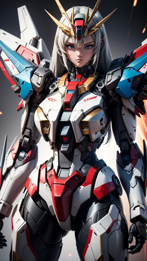 Realistic 1.2, Textured skin, Super Detail, high details, High quality, Best Quality, hight resolution, 1080p, hard disk, Beautiful,(Gundam girl),beautiful cyborg woman,Mecha Cyborg Girl,Battle Mode,Girl with a Mecha Body,She wears a futuristic Gundam mecha,Fulll body Shot