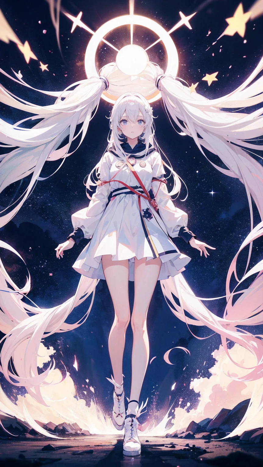 anime girl with long white hair and a star in her hair, White-haired God, Anime girl with space hair, star(null) starry_null, Cute Girl Anime Visual, Splash art anime , White glow, White Hair Girl, Ethereal Anime, akasuki voidstar, Celestial Aura, Nightcore, Anime Moe Art Style, full body height,Cinematic Stills,Score_9,Score_8_up,Score_7_up,Top quality masterpiece,8k,
