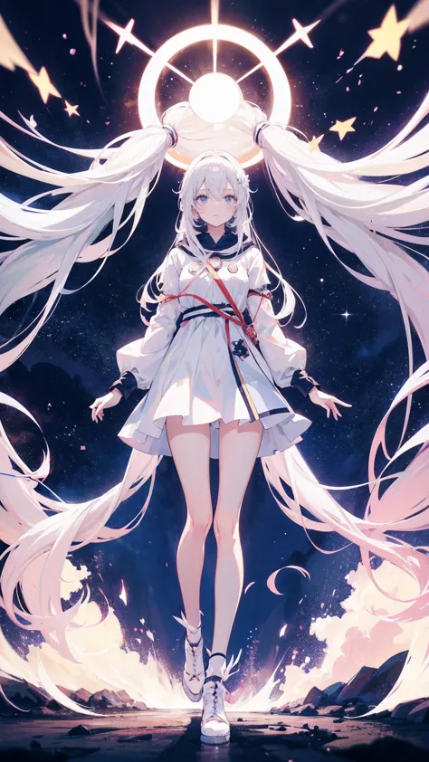 anime girl with long white hair and a star in her hair, white-haired god, anime girl with space hair, star(null) starry_null, cu...