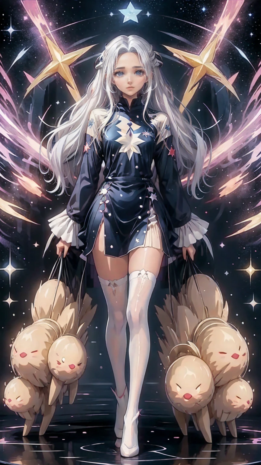 anime girl with long white hair and a star in her hair, White-haired God, Anime girl with space hair, star(null) starry_null, Cute Girl Anime Visual, Splash art anime , White glow, White Hair Girl, Ethereal Anime, akasuki voidstar, Celestial Aura, Nightcore, Anime Moe Art Style, full body height,Cinematic Stills,Score_9,Score_8_up,Score_7_up,Top quality masterpiece,8k,
