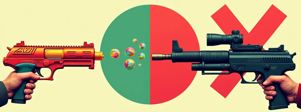 On the right is a toy gun that shoots bubbles and a big green ⭕️, and on the left is a machine gun that shoots bullets and a big red ❌.