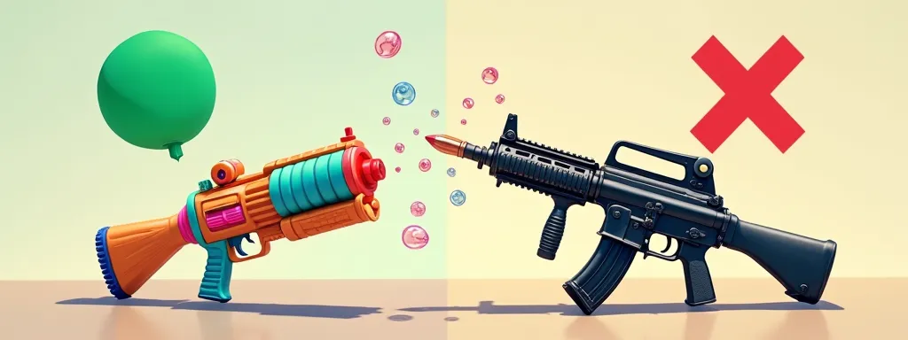 on the right is a toy gun that shoots bubbles and a big green ⭕️, on the left is a machine gun that shoots bullets and a big red ❌.