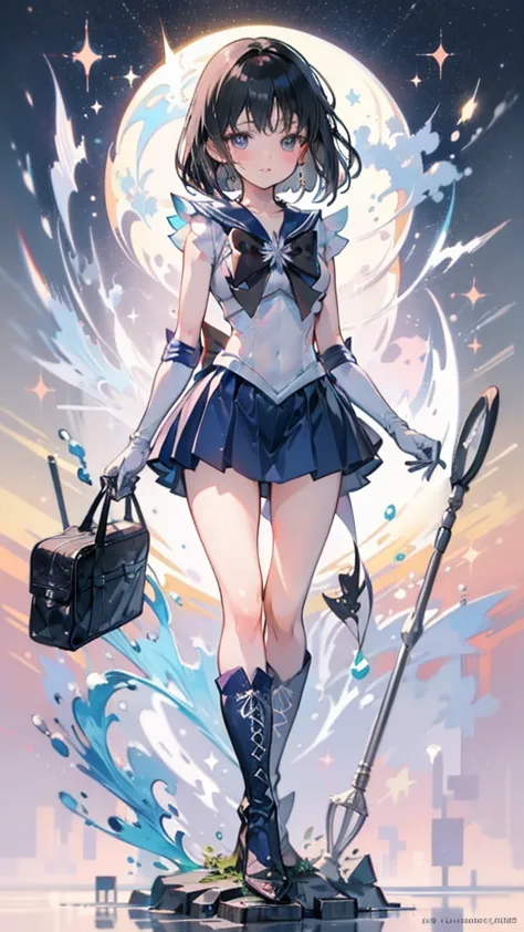 (whole body)，High resolution，Detailed Description，Best Quality(Sailor Warrior Uniform),Sailor Saturn，Black Hair，Cosmos，leotard，High Leg，purple skirt，Knee-high boots，Elbow Handbag，Thick thighs，The skirt is short,スカートの下に白色のleotardが見える，My skirt is blowing in the wind，Unprotected groin，，Embarrassed expression，Open your mouth，