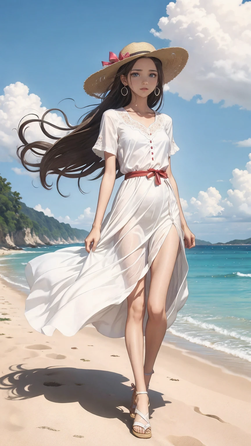 pretty girl,Painted in pastel colors, Summer clothes around her, Dancing in the Wind, High quality painting,White Dress,With blue belt,Blue lines on the cuffs,Straw hat,Red ribbon,Sandals,ストラップ付きSandals,Earrings,紫の宝石のEarrings,Beach,Hold on to your hat,左手でHold on to your hat,A strong wind is blowing,
