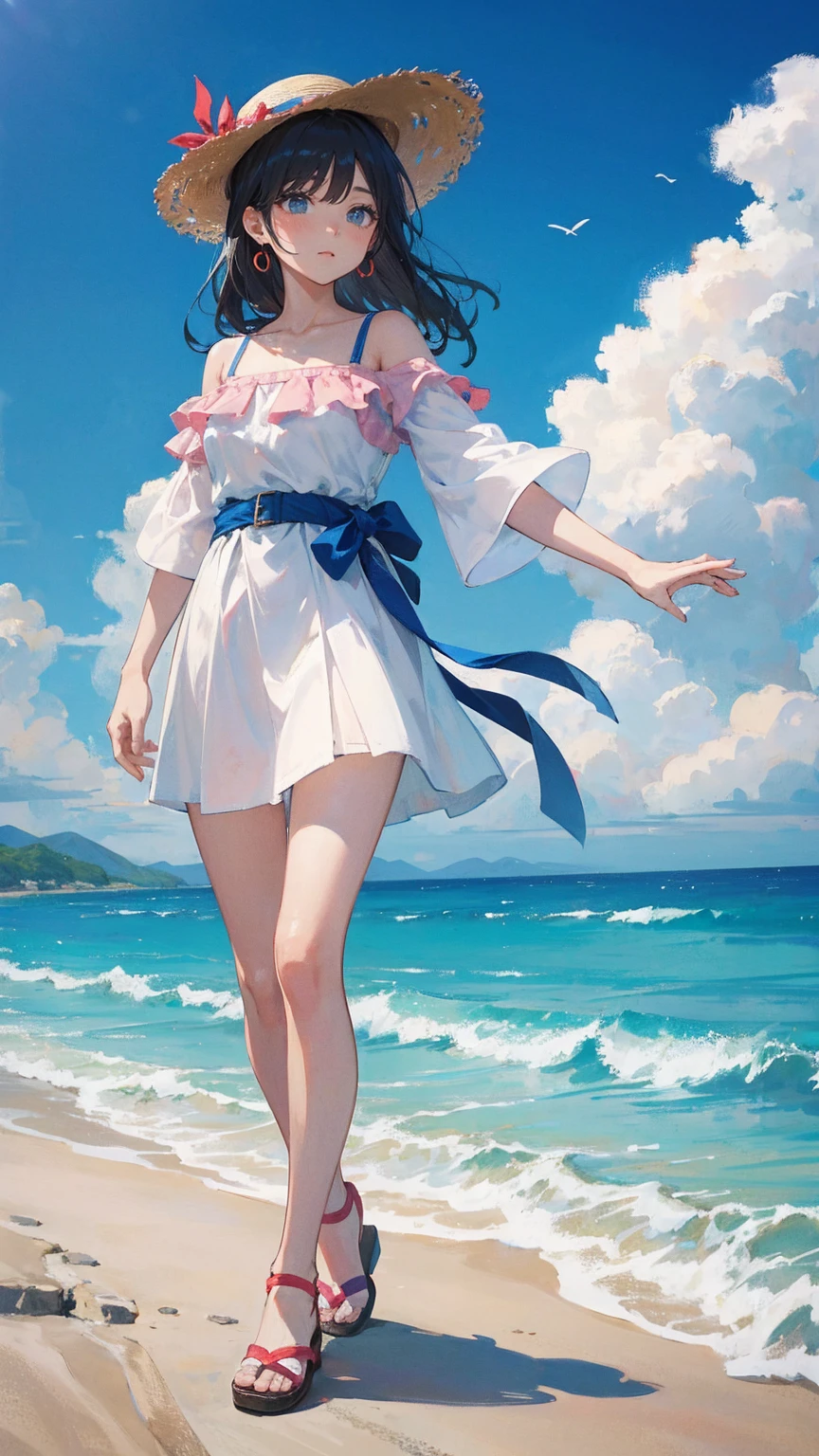 pretty girl,Painted in pastel colors, Summer clothes around her, Dancing in the Wind, High quality painting,White Dress,With blue belt,Blue lines on the cuffs,Straw hat,Red ribbon,Sandals,ストラップ付きSandals,Earrings,紫の宝石のEarrings,Beach,Hold on to your hat,左手でHold on to your hat,A strong wind is blowing,
