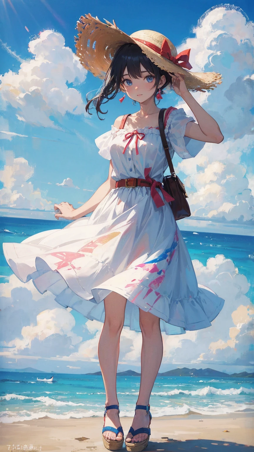 pretty girl,Painted in pastel colors, Summer clothes around her, Dancing in the Wind, High quality painting,White Dress,With blue belt,Blue lines on the cuffs,Straw hat,Red ribbon,Sandals,ストラップ付きSandals,Earrings,紫の宝石のEarrings,Beach,Hold on to your hat,左手でHold on to your hat,A strong wind is blowing,
