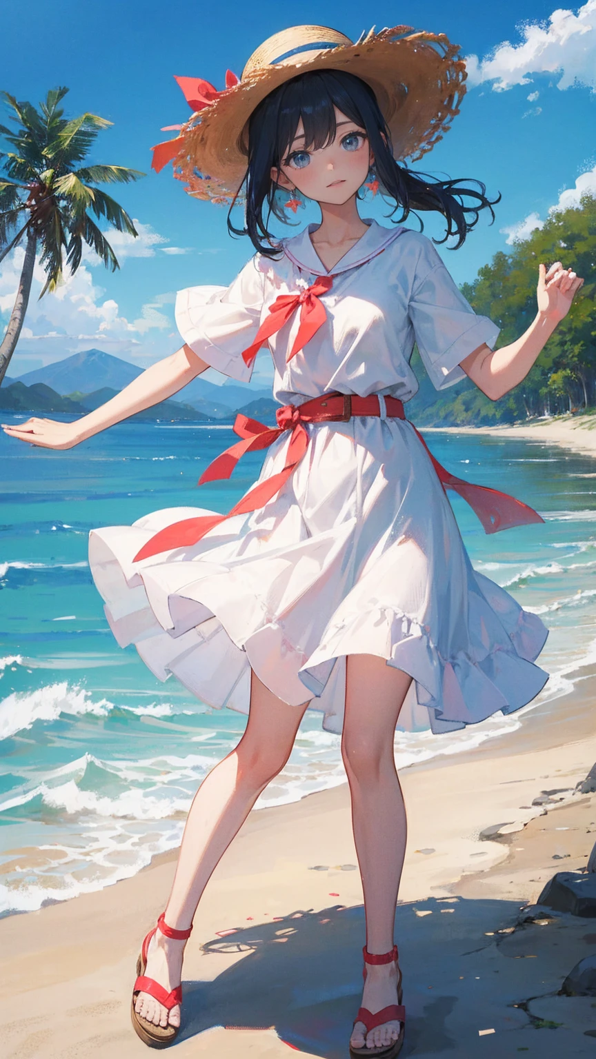 pretty girl,Painted in pastel colors, Summer clothes around her, Dancing in the Wind, High quality painting,White Dress,With blue belt,Blue lines on the cuffs,Straw hat,Red ribbon,Sandals,ストラップ付きSandals,Earrings,紫の宝石のEarrings,Beach,Hold on to your hat,左手でHold on to your hat,A strong wind is blowing,
