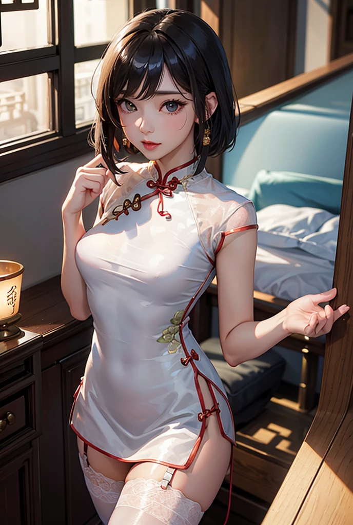 High resolution, 1 female , good lighting, despicable, , (No nudity), (((shiny cheongsam))),(garter belt),cute face, I&#39;m embarrassed and blush, humiliating, ((See-through))