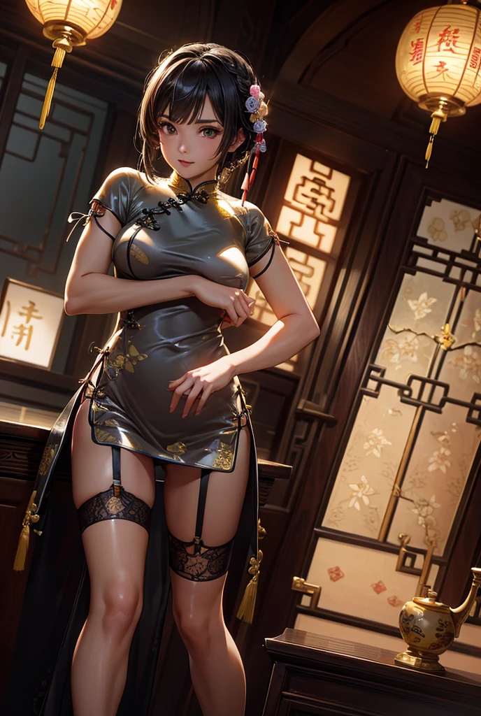 High resolution, 1 female , good lighting, despicable, , (No nudity), (((shiny cheongsam))),(garter belt),cute face, I&#39;m embarrassed and blush, humiliating, ((See-through))