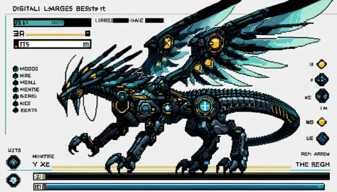 masterpiece,absurdres,safe,detailed,ultra-detailed,masterpiece,best quality,
pixel art,aerial view,16bit,(user interfacet,fake screenshott,txt,minimap,heads-up display,gameplay mechanics,health bar:1.3),
mechanical animal, animal, no humans, mecha, white background, monster, solo, science fiction, electricity, weapon, character name, ***, white and black mecha, white and black body, from side,a digital drawing in a semi-realistic, futuristic style, it depicts a humanoid creature resembling a dragon or a mythical beast, with a sleek, armored body predominantly white with metallic accents, the creature's wings are large and translucent, with blue and black accents, and they are arranged in a fan-**** pattern, with some overlapping each other, the wings have a robotic, mechanical appearance, with visible circuitry and a long, thin, black antennae extending from the back of the creature, small, black and yellow butterflies are scattered around, adding a sense of movement and life to the scene, the background is plain white, ensuring that the focus remains on the creature and its intricate design, at the bottom of the image, the word zinogre is written in bold, black letters, accompanied by a stylized, red and blue logo at the top left corner, the overall color palette is dominated by cool tones, with the creature standing out prominently against the white background, the texture of the drawing is smooth, with clean lines and sharp edges, typical of high-quality digital art,