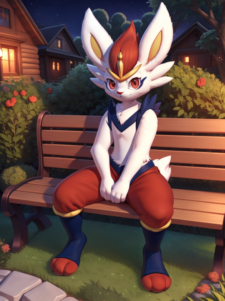 cinderace, female, full body, red eyes, (soft shading), 4k, hi res, five fingers, detailed hands, ((detailed face, (detailed eyes:1.0), detailed)), by zackarry911, by zaush, (by personalami:0.5), outside, house, garden, night, grass, trees, sitting on bench, spread legs, looking at viewer, front view, rabbit tail