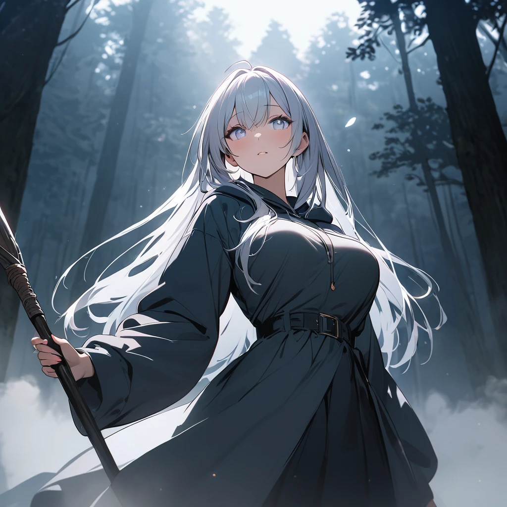 (beautiful girl: 1.3),One girl,masterpiece of the highest quality, Ultra-high resolution,Rich contrast,super high quality,8k,High-definition CG unit wallpaper,テクスチャUltra-high resolution,RAW Photos,Depth of written boundary 1.2,(Grey Robe),White Hair,Both sides up,Very detailed eyes,Sensual,Glowing Skin,Foggy forest,Sigh,look up,(Large Breasts), Front close-up shot,Natural Makeup,Wizard,Long Straight Hair,Side braiding,Thick Fog,White Eyes,White Breath,Holding a walking stick