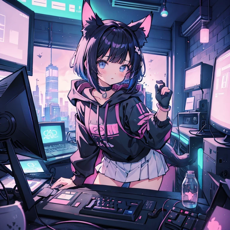 Anime girl in a room with a lot of electronic devices, Alone, Pixiv, Pixel Art, Lo-fi Girl, cute anime cat girl, Lofi Artstyle, Lo-fi Girl aesthetic, Anime aesthetics, Black hoodie, Cat ears anime girl, Lofi Art, Beautiful anime cat girl, nekomimi,　A girl with cat ears in a small room with many computer monitors, Black Hair, Shoulder-length bob, Game, Gameのコントローラー, Gamer, Deformed cat stuffed toy, Gameがたくさんある部屋, So many computer monitors