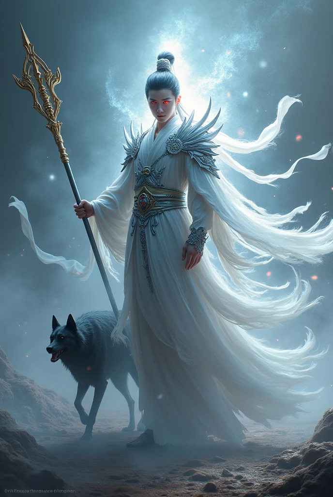 Full body photo,Fluorescent Art, Unreal Engine,God of Heaven,Erlang Shen Yang Jian,Silver Light,Holy Backlight,White ribbon flying,Full of pressure,Wearing silver divine armor,Red eye light,Hand holding a golden trident behind the back,The black Roaring Sky Dog followed beside him with a ferocious look on his face.,Dark mythology style,The ethereal scene,Empty feeling,Dark Tones,Perfect composition,Evil smile