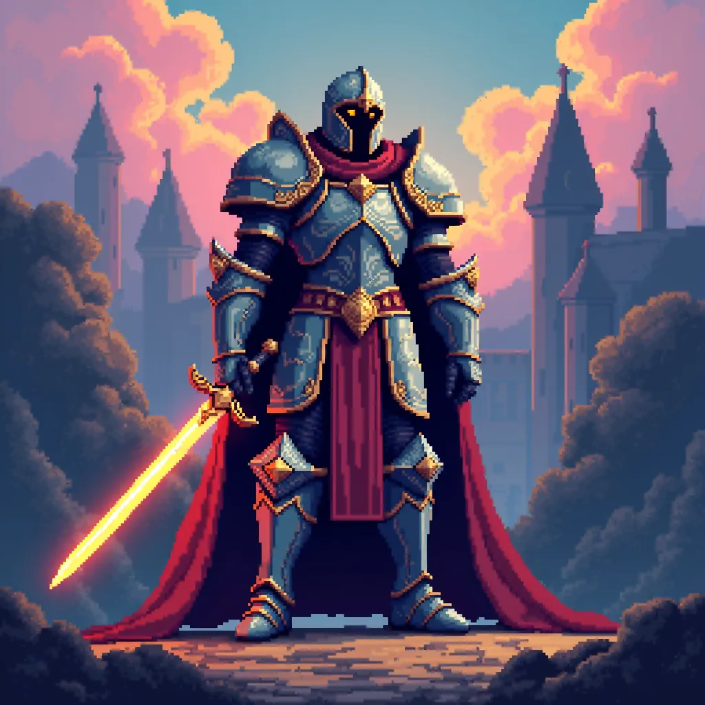 A paladin in a retro 8-bit video game, pixel art, fantasy character, medieval knight, intricate pixel shading, bold colors, isometric perspective, pixelated armor, glowing sword, highly detailed, 8k, masterpiece, vibrant colors, striking lighting, dramatic shadows, cinematic composition, pixel perfect, nostalgic videogame aesthetic