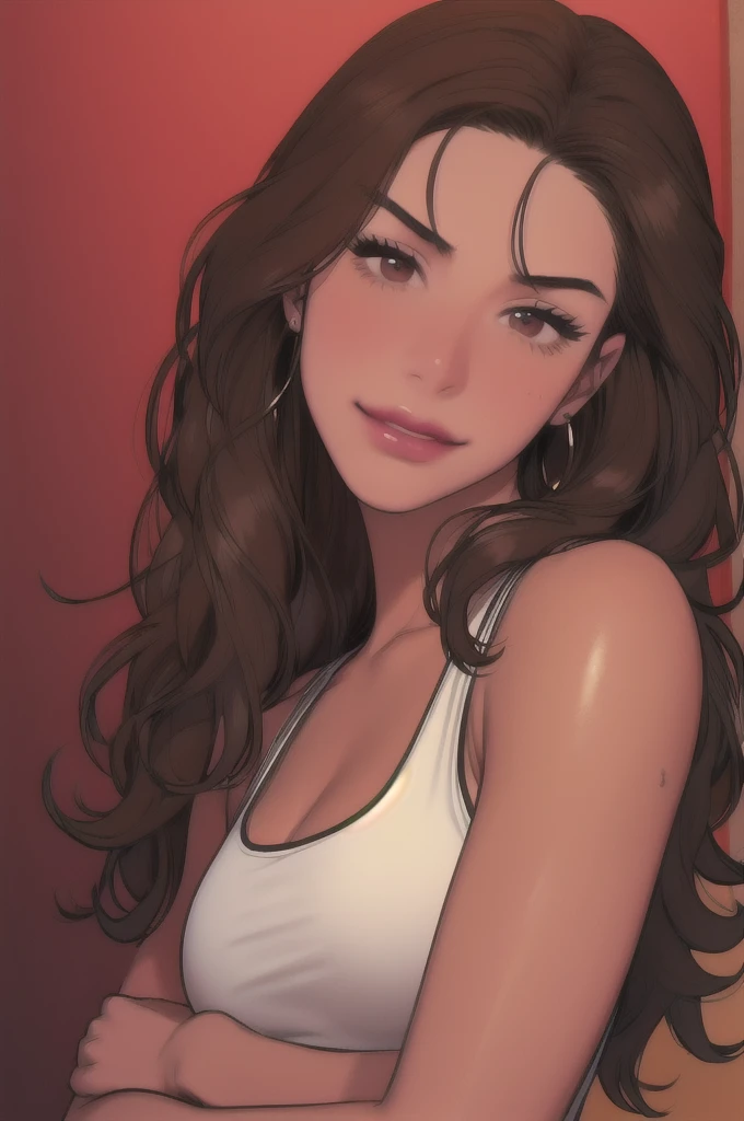 btd,1girl,teen_female,(masterpiece, detailed background, best quality) wavy dark brown shiny hair,medium puffy hair,dark brown hair,sportswear,smirk,juicy lips,bitch_juice,red wine lips,perfecteyes,vary tanned skin