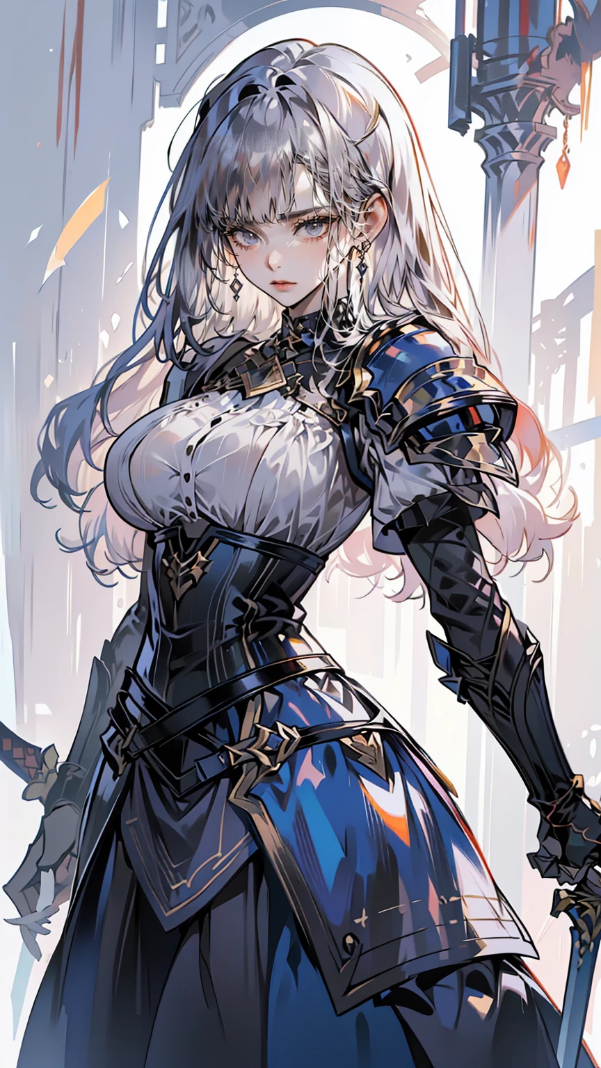 Best Quality, 8k, (One Girl:1.3),(((Big Breasts:1.1))), (Colorful illustration:1.4), (masterpieceBest Quality, Best Quality, Official Art), Very detailed, Most detailed, (Very detailed), ((So delicate and beautiful)), ((Iron Breastplate Blouse Skirt)),  ((Swordsman)), ((Metal Gauntlets)), ((Holds a two-handed sword))