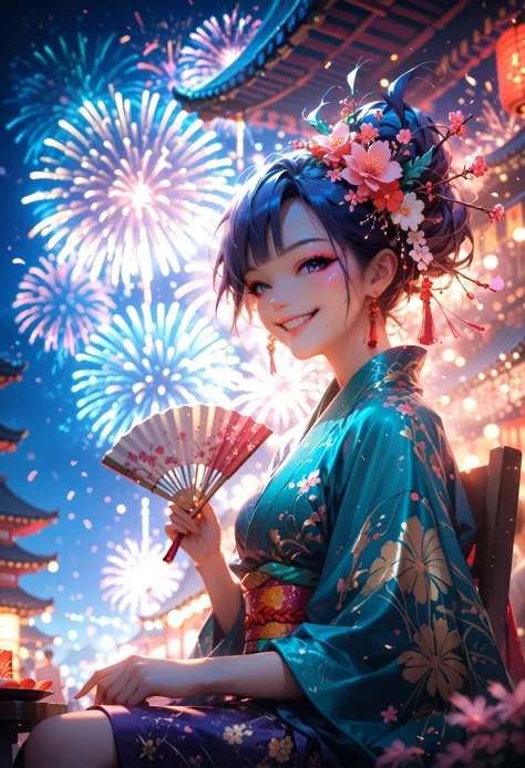 anime girl, joy, smile sweet, sits on a chair with a fan in his hands, flirts, sexy, dressed in a kimono, fireworks and dragon f...