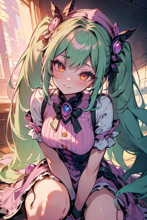 {best quality}, {very aesthetic},full body,leaning forward, 1 girl, solo, Green hair, pink dress, hat, ball hair accessories, Long hair, twintail, hair ornament, Dress, indoors, orange Eyes, blushing, high res, detailed face, detailed eyes, Seductive Eyes, Seductive Smile, Sitting, happy,smile,