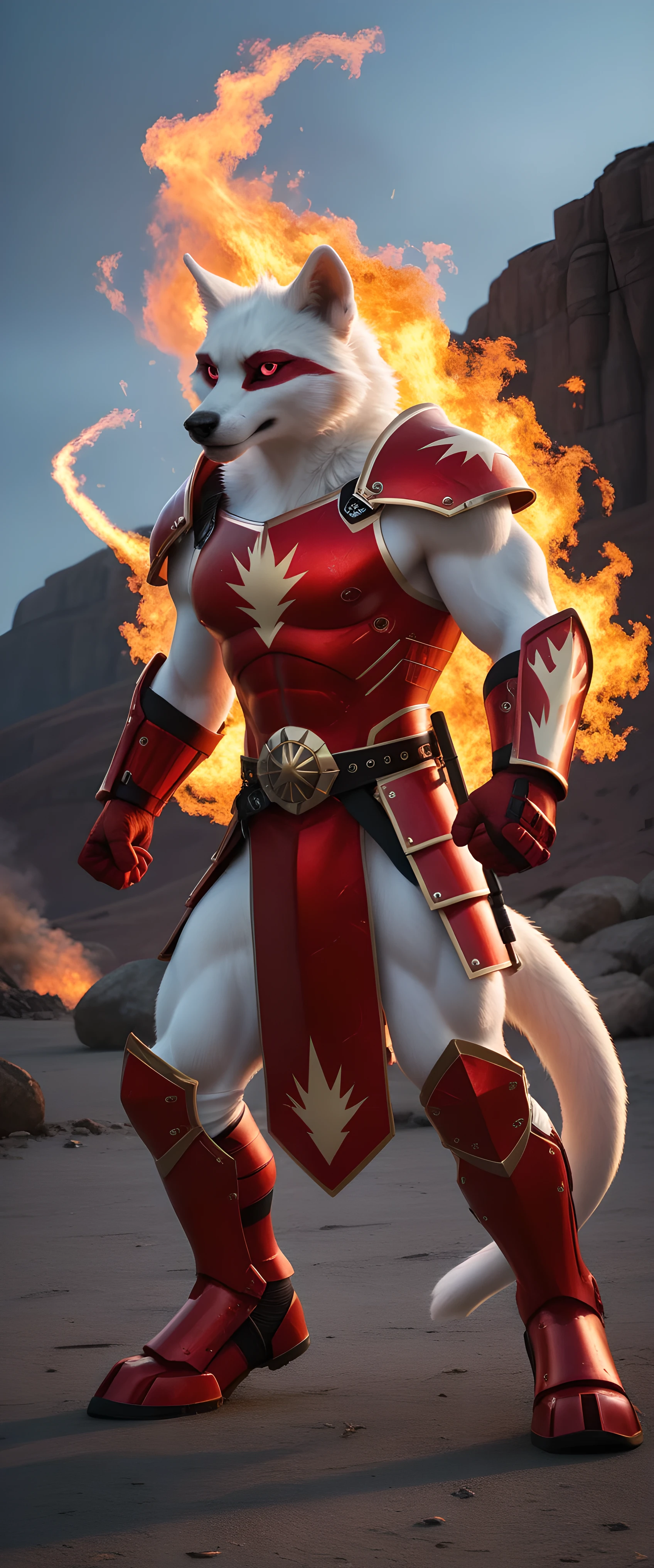 score_9, score_8_up, score_7_up, hyper-detailed photorealistic macro image of an anthropomorphic warrior d3ath, red eyes, white fur, his fire-type power by forcefully punching in the wind. His hand emits electric bursts of charges and fire blasts, as do his eyes, adding an electrifying, Red armor, 