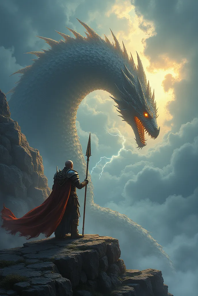 On a craggy mountaintop, where the heavens seem close enough to touch, a legendary Paladin confronts a mighty dragon. The beast's scales glint like molten gold in the ethereal glow of a storm-laden sky, its eyes alight with an ancient intelligence. The Paladin, standing unbowed before this avatar of destruction, wields an enchanted lance that crackles with an energy as old as the mountains themselves. His armor is marred with signs of battle past, yet each scar is a testament to his indomitable will. Around them, thunder rumbles like the drums of destiny, while forked lightning illuminates this epic showdown. With heart alight with determination and soul forged in the fires of righteousness, the Paladin charges forth, his battle cry a rallying call that resonates through the very core of creation, an eternal homage to courage and honor writ large in the annals of myth.