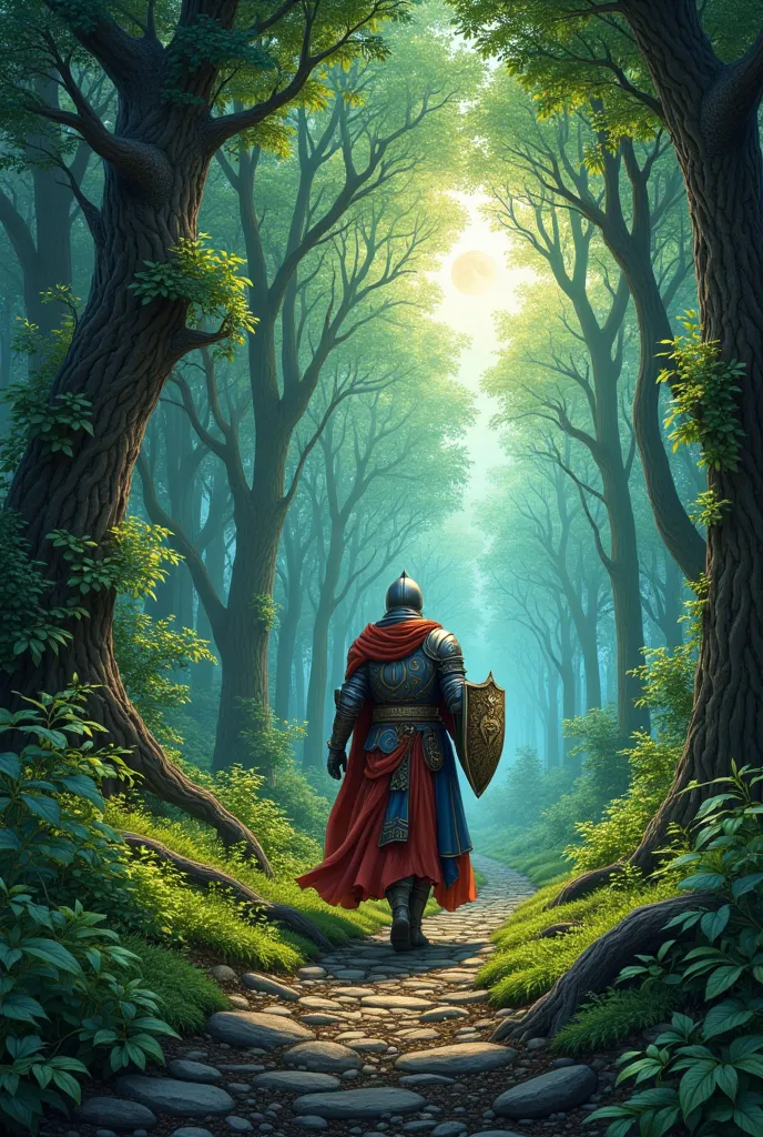 in the heart of an ancient wood where the canopy of leaves whispers secrets only the winds dare carry, a solitary paladin stride...