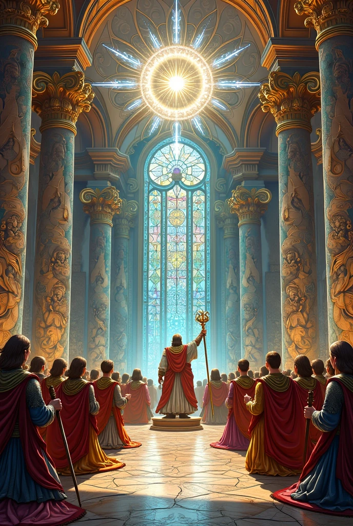 Amidst the majestic halls of a celestial temple, where light filters through stained glass to cast a kaleidoscope of colors upon marble floors, a gathering of Paladins assembles. These warriors of unwavering faith and iron resolve kneel before a grand altar, their gleaming armor reflecting the sanctity of the chamber. The air is thick with incense, and the gentle hum of chants fills the spaces between pillars adorned with intricate carvings of legendary heroes. At the forefront, the High Paladin raises a staff encrusted with gems that catch the light like the stars themselves. With solemn vows, each knight pledges their life to safeguarding the realms of men and gods, a covenant written in the echoes of eternity. Their presence exudes a palpable aura of strength and compassion, binding them in a tapestry of divine purpose.