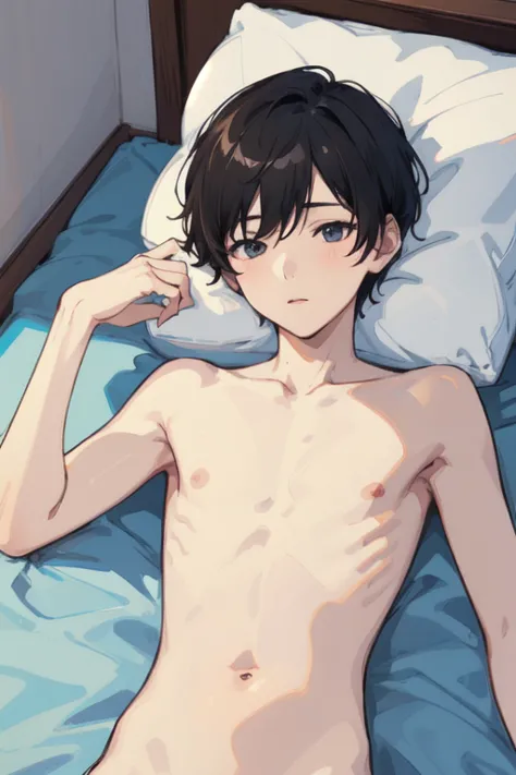 a shirtless boy lay on bed