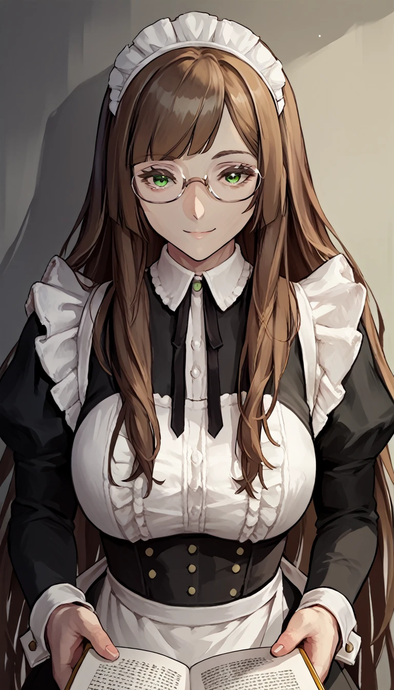 (zPDXL2), (PonyXLV6_Scores), source_anime, source_anthro, source_furry, Expressiveh, solo, three-quarter portrait, front view,
looking at viewer, standing, no symmetrical image BREAK

mature female, very long hair, side swept bangs, hime cut, straight_hair, brown hair, green eyes, eyelashes, frills, reading glasses, maid outfit, upper body, long sleeves, light smile