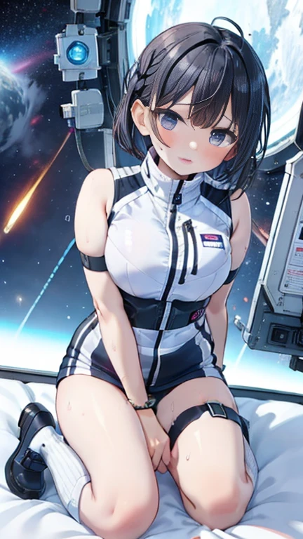 (Best Quality), (masterpiece), 1080P, High resolution, 4K, 8k, Inside the space station、Futuristic room、Thigh straps, Shooting from directly below, The woman on top of me, 白いsweat, Covered , sweat, Woman looking down, Skirt swimsuit, Thigh-high socks, To achieve this, , , whole body, Black leather shoes, Braided Hair, Inner Color, Embarrassed face, Short black hair, bracelet, bedroom,astrovest
