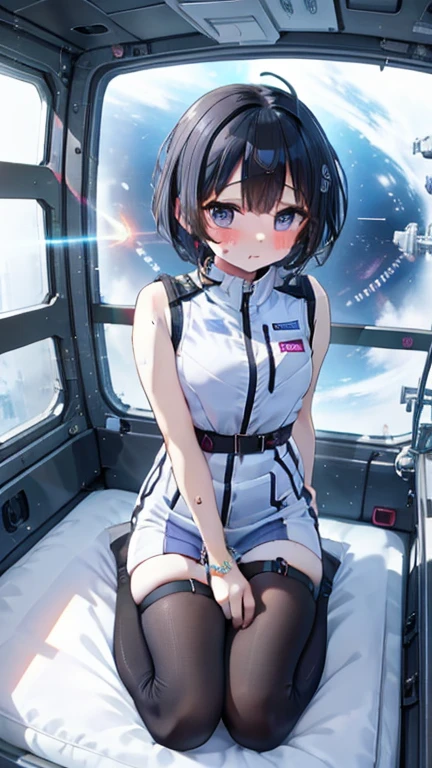 (Best Quality), (masterpiece), 1080P, High resolution, 4K, 8k, Inside the space station、Futuristic room、Thigh straps, Shooting from directly below, The woman on top of me, 白いsweat, Covered , sweat, Woman looking down, Skirt swimsuit, Thigh-high socks, To achieve this, , , whole body, Black leather shoes, Braided Hair, Inner Color, Embarrassed face, Short black hair, bracelet, bedroom,astrovest
