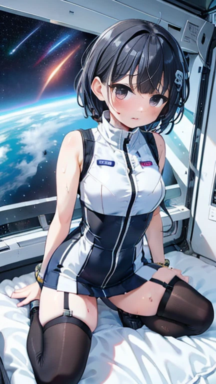 (Best Quality), (masterpiece), 1080P, High resolution, 4K, 8k, Inside the space station、Futuristic room、Thigh straps, Shooting from directly below, The woman on top of me, 白いsweat, Covered , sweat, Woman looking down, Skirt swimsuit, Thigh-high socks, To achieve this, , , whole body, Black leather shoes, Braided Hair, Inner Color, Embarrassed face, Short black hair, bracelet, bedroom,astrovest
