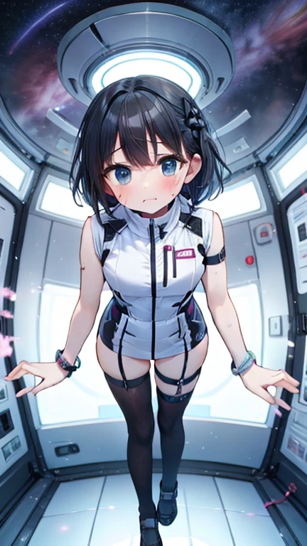 (Best Quality), (masterpiece), 1080P, High resolution, 4K, 8k, Inside the space station、Futuristic room、Thigh straps, Shooting from directly below, The woman on top of me, 白いsweat, Covered , sweat, Woman looking down, Skirt swimsuit, Thigh-high socks, To achieve this, , , whole body, Black leather shoes, Braided Hair, Inner Color, Embarrassed face, Short black hair, bracelet, bedroom,astrovest
