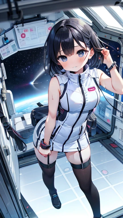 (Best Quality), (masterpiece), 1080P, High resolution, 4K, 8k, Inside the space station、Futuristic room、Thigh straps, Shooting from directly below, The woman on top of me, 白いsweat, Covered , sweat, Woman looking down, Skirt swimsuit, Thigh-high socks, To achieve this, , , whole body, Black leather shoes, Braided Hair, Inner Color, Embarrassed face, Short black hair, bracelet, bedroom,astrovest
