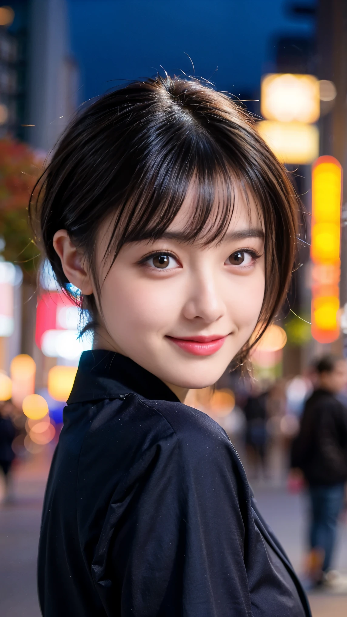 8k, Best Quality, Very high quality, masterpiece, Ultra-high resolution, Photorealistic, 超Realisticな, Realistic, Very detailed, RAW Photos, Realistic, Ultra-realistic, Ultra high definition, Realistic Skin, Beautiful Skin, Cute face, Beautiful expression, A kind smile, A vivid face, Beautiful detailed hair, Realisticで詳細な目, Beautiful woman with perfect figure, Attractive, (A cute Japanese girl:1.2), (Very Short Hair:1.3), bangs, Brown Hair, (Autumn outfit:1.5), Supermodel, Model shoot, Shooting from below at an angle, (The background is Shibuya at night, Blurred Background, Beautiful light:1.3)