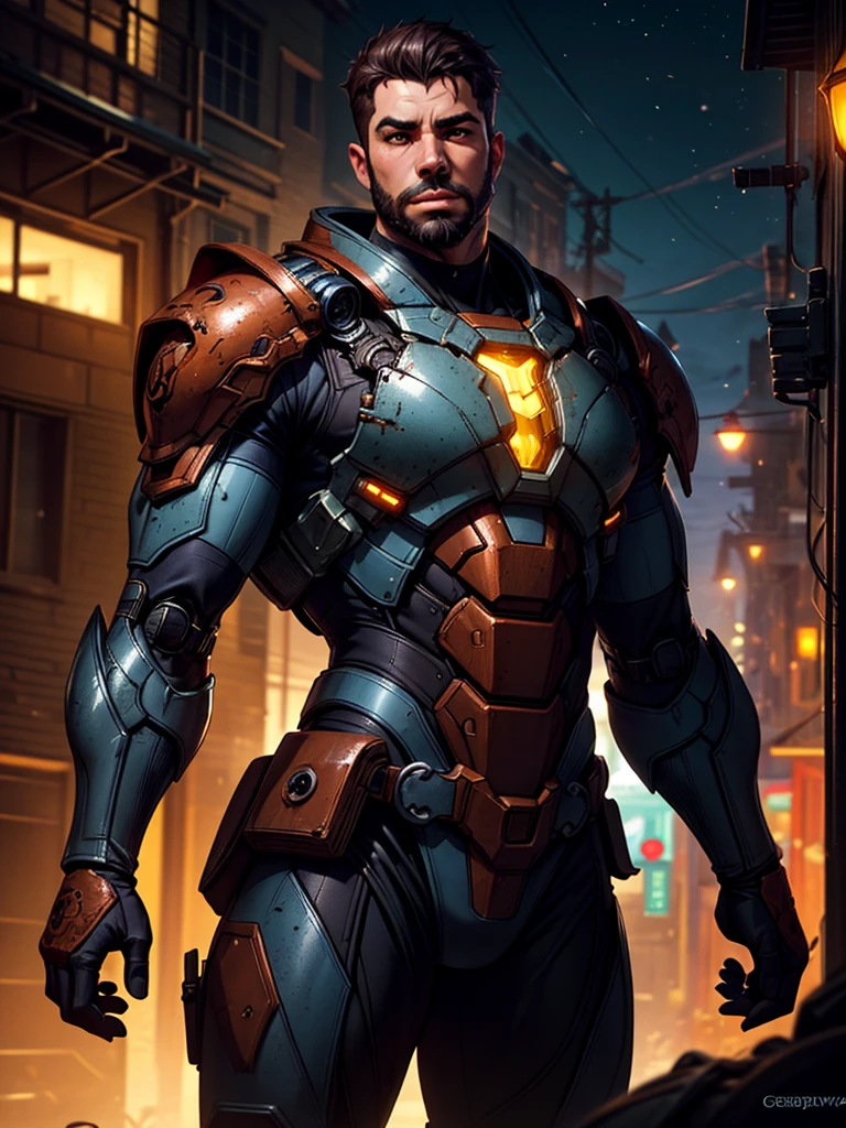 muscular bearded guy in worn mech suit, detailed face, elegant, light bokeh, intricate, steel metal rust, sharp focus, photo by greg rutkowski, soft lighting, vibrant colors, masterpiece, streets