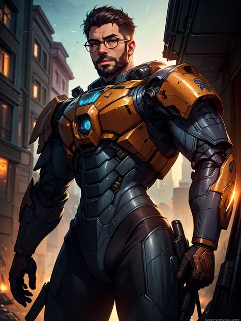 a **portrait photo** of a **muscular bearded guy** wearing **glasses** and a **worn mech suit**, with intricate details of **ste...