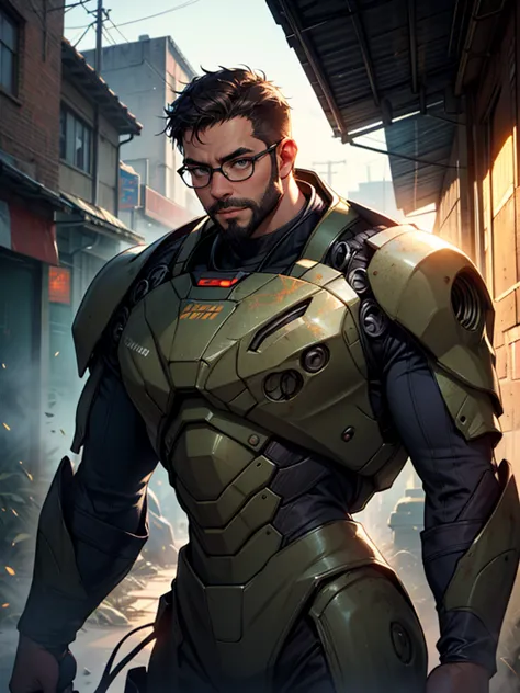 a **portrait photo** of a **muscular bearded guy** wearing **glasses** and a **worn mech suit**, with intricate details of **ste...