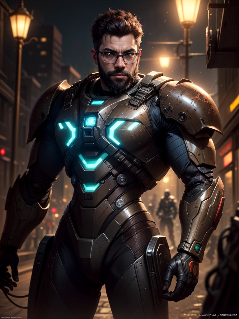 A **portrait photo** of a **muscular bearded guy** wearing **glasses** and a **worn mech suit**, with intricate details of **steel metal with rust**. The background features a soft **light bokeh** effect, creating depth and contrast. The photo is **sharp focus** on his detailed face, with **elegant composition** and **soft lighting**. The **vibrant colors** bring out the textures of the mech suit and the streets around him. This masterpiece is inspired by **Greg Rutkowski's** style, highlighting the roughness of the mech suit against the soft lighting. **(muscular, beard, glasses, mech suit, steel metal rust, light bokeh, elegant, sharp focus, Greg Rutkowski, vibrant colors, streets, soft lighting, detailed face)**.