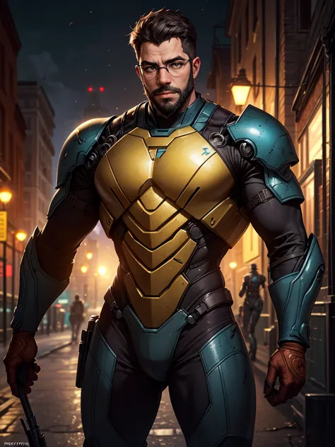 a **portrait photo** of a **muscular bearded guy** wearing **glasses** and a **worn hev-outfit mech suit** from the game **half-...