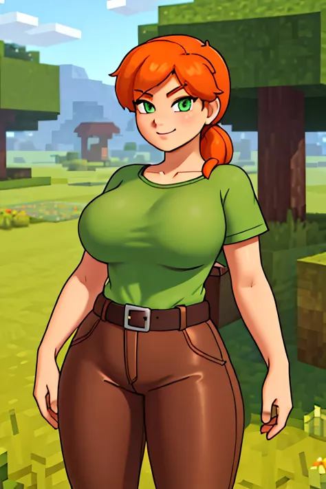 close up 1girl in, photo of Alex, Alex Minecraft, Solo, (messy orange hair, short ponytail over left shoulder, thick Ginger hair, (green eyes: 1.2), (perfect clear skin, pale skin, detailed skin, large breasts, round breasts, perfect body, skinny, thin), (thin hips, thin waist: 1.25), neutral face, mischievous smile, (wearing a green t-shirt, brown bush pants, leather belt, dark leather boots), A rural scene at sunrise with a vibrant green pasture, A gravel path leads through the field, flanked by a wooden fence, leading towards a line of trees on the horizon, Minecraft world, (realistic photo, best quality, detailed), (8k wallpaper), (cinematic lighting, beautiful light, (noon:1.3)) (sharp focus, intricate), (dslr, realistic, looking at viewer, sharp focus, delicate, soft colors, cinematic)