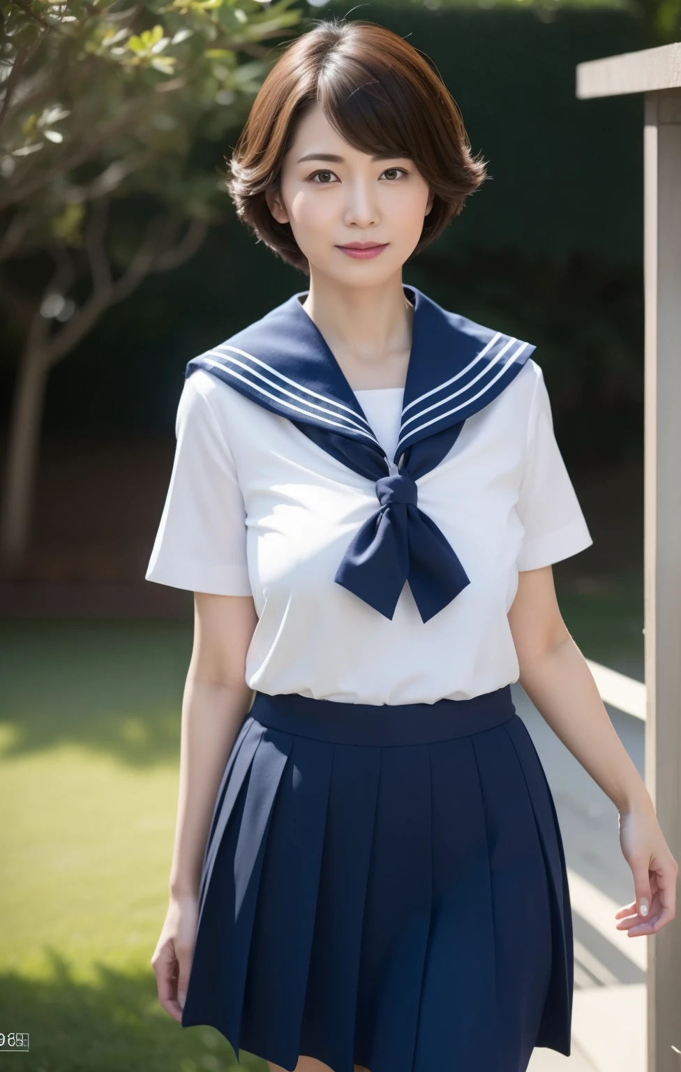 Beautiful detailed face of Japanese MILF, Beautifully finished lips with lip gloss, Sensual expression, ((Large Breasts)), (Wearing a white sailor uniform from a Japanese high school), ((Walking Outside)), shallow depth of field, Standing outside, ((View from the side)), (Best Quality,8k,masterpiece:1.2),Super detailed,(Realistic,photoRealistic,photo-Realistic:1.37),Intricate details,Stunning full-body portrait,Dramatic lighting,cinematic,elegant, Pixie Cut、Navy Blue Skirt、Voluminous hairstyle、Short sleeves