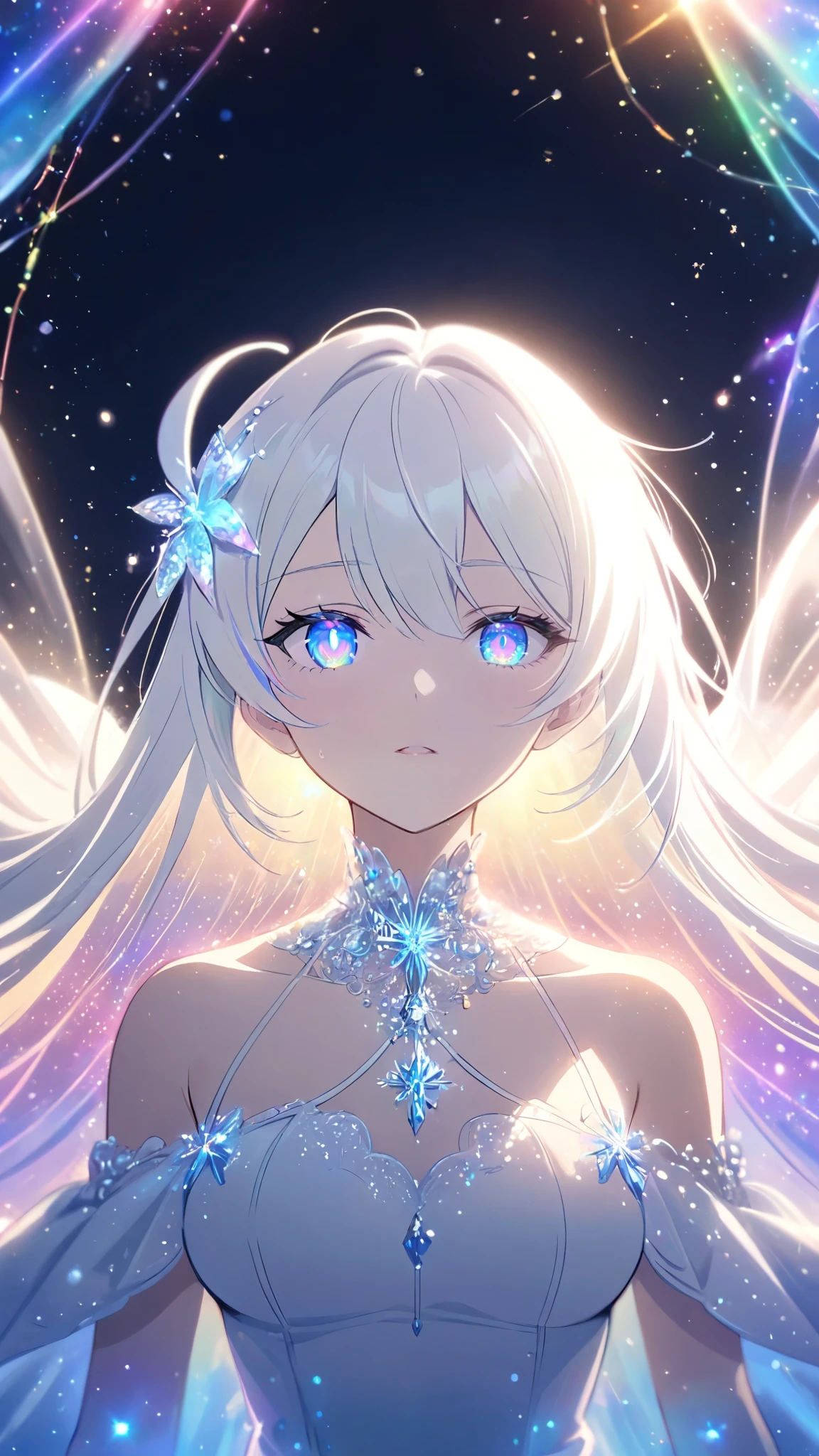 A beautiful young woman with long white hair falling gracefully from the sky, wearing a flowing white dress with a symmetrical, highly detailed face, surrounded by translucent multicolored glitters in a soft, dreamy, and dramatic lighting at golden hour, elegant and intricate,vivid color,sparkling,god rays,iridescence,threads of light,holy aura,clear blue starry eyes,((kiana kaslana))