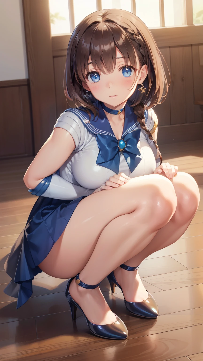 aichan, blue eyes, brown hair, short hair, side braid, hairclip, large breasts, (masterpiece:1.2), best quality, high resolution, unity 8k wallpaper, illustration, beautiful detailed eyes, extremely detailed face, perfect lighting, extremely detailed CG, sailor moon outfit, heels, wood floor, 