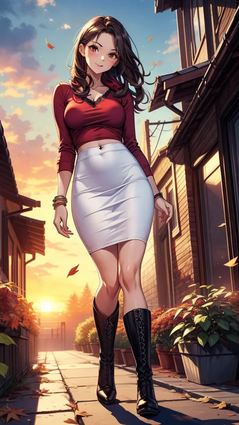 ((((masterpiece, best quality:1.8, high detail)))), beautiful woman, bright brown eyes, smile, solo focus, (((medium breasts))), long wavy hair, ((dark hair)), ((red t-shirt v neck long sleeves)), casual shirt, white ((scarf)), ((black midi pencil ((skirt)))), ((long skirt)), tight clothes, boots, slim body, midriff, navel, sidewalk, fall garden, (autumn leaves), ((atmospheric)), (sunset), clouds, bracelet, ((realistic)), ((realism)), ((ultra detailed)), (tall female), ((leaning)), relaxing