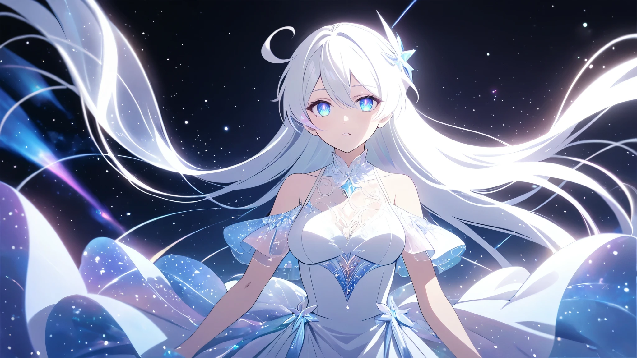 A beautiful young woman with long white hair falling gracefully like a shooting star from the night sky, wearing a flowing white dress with a symmetrical, highly detailed face, surrounded by translucent multicolored glitters in a soft, dreamy, and dramatic lighting at silver hour, elegant and intricate,vivid color,sparkling,god rays,iridescence,threads of light,holy aura,clear blue starry eyes,((kiana kaslana)),a girl like a shooting star