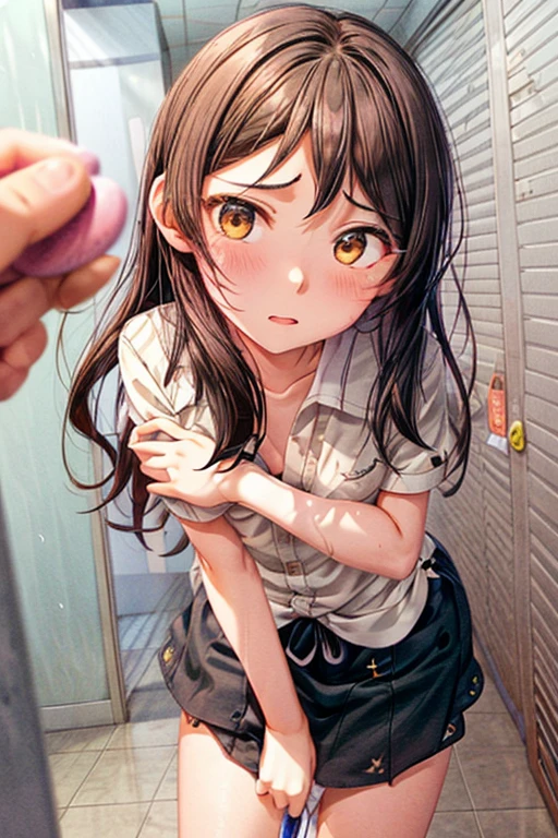 Clear Face,masterpiece,super high quality, Very detailed,Perfect drawing,Hmph,3d,8k,beautiful girl,One Girl, KitazawaCasual, striped shirt, black skirt、(She glared at me sharply:1.3),(Looking down from above), beautiful girl with a wonderful face, Long eyelashes, (school,locker room1.5)、Human Anatomy、(blush:1.3)、(frustrated:1.5)、pussy juice、Light blue underwear、(remote_play,remote-vibrating:1.5)、Figure eight eyebrowy thighs get wet,( downblouse,leaning forward:1.4)